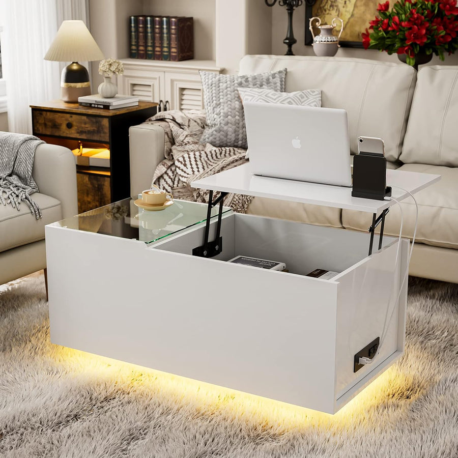 Lift Top Coffee Table with LED Lights and Charging Station, White