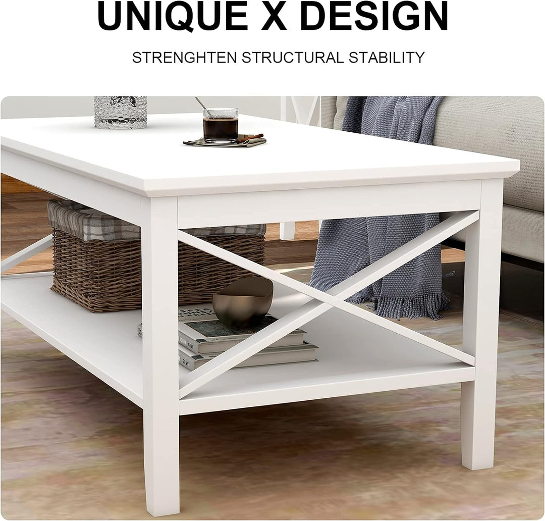 Rectangular Modern Coffee Table with Storage Shelf, Classic X Design (White)