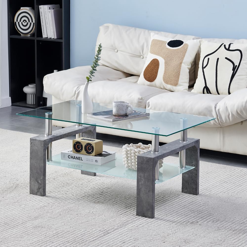 Elegant Rectangle Coffee Table, Wooden Legs, Glass Tabletop, Grey Marble