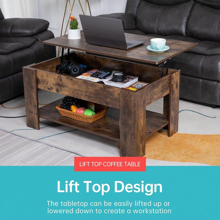 FDW Lift Top Coffee Table with Hidden Storage and Shelf, Brown