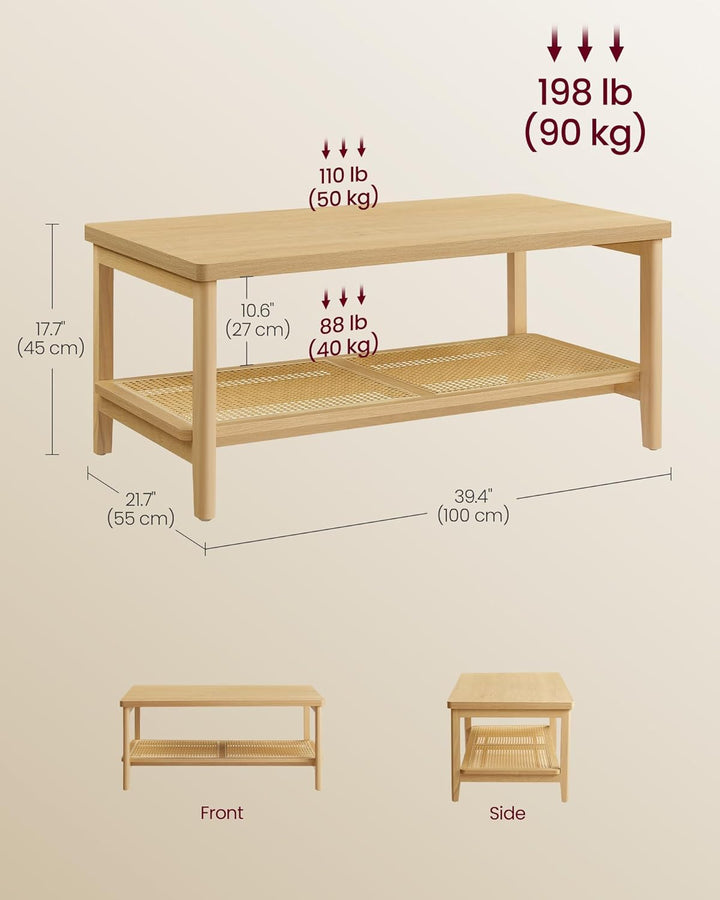 VASAGLE 2-Tier Coffee Table, Rectangular Center Table with PVC Rattan Storage Shelf, Oak Beige