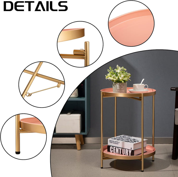 2-Tier Round Metal End Table, Gold&Pink