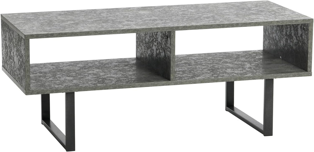 Rustic TV Stand Coffee Table with Storage, Slate Concrete, Black Metal