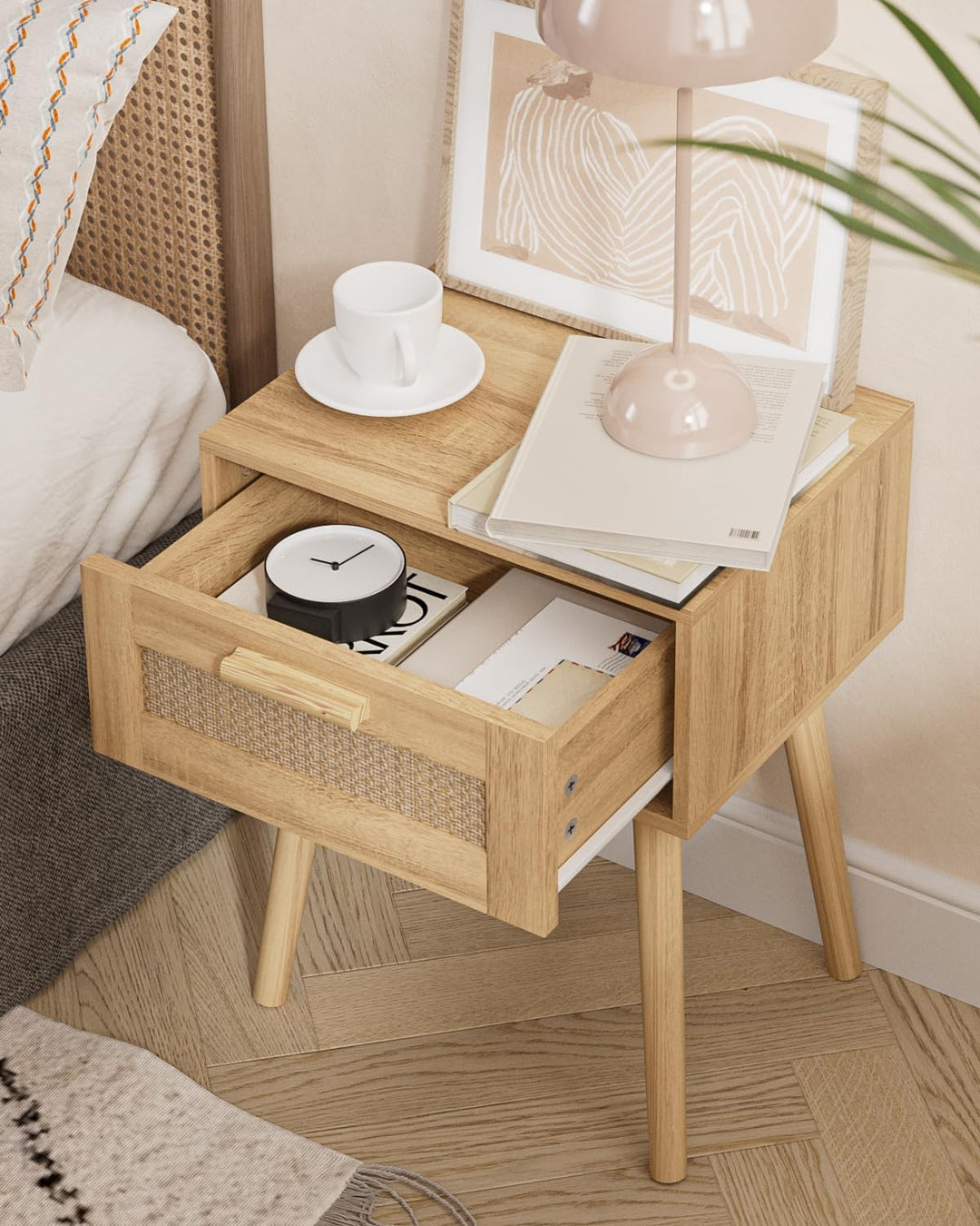 Wooden Nightstands with Rattan Weaving Drawer