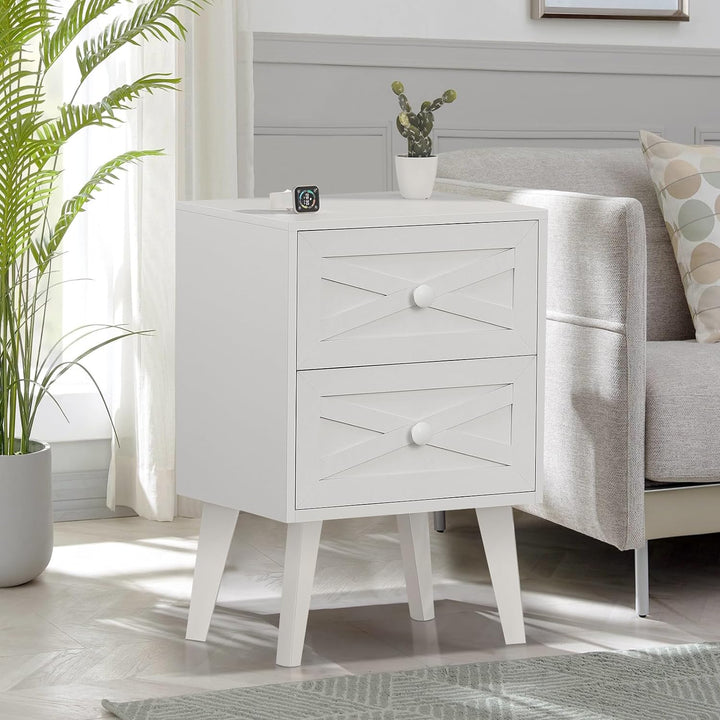 Nightstand Set of 2, White End Table with 2 Drawers