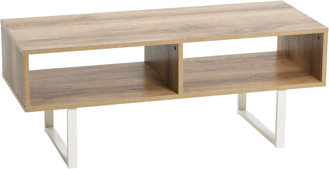 Jamestown TV Stand Coffee Table with Rectangular Storage, Coastal Oak Rustic Wood Grain and White Metal