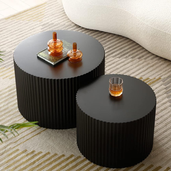 Elegant Round Nesting Coffee Table Set, Modern Fluted Drum, Black