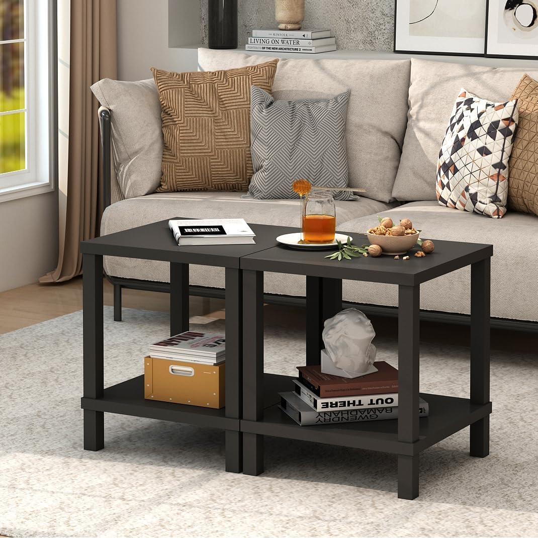 Black End Table, 20" Square, 2-Tier, Farmhouse