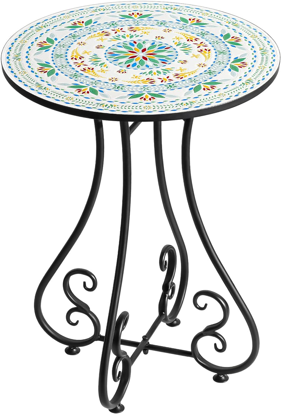 Side Table, 16" Round End Table, Unique Relief Ceramic Tile Tabletop with Metal Frame, Metal Scrollwork Accent Table