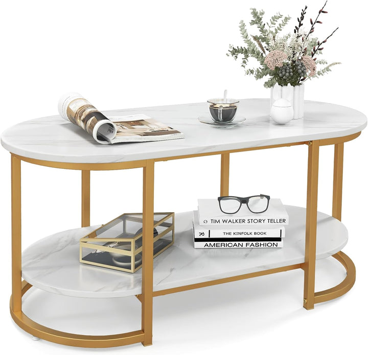 Modern Oval Coffee Table, Faux Marble White & Gold