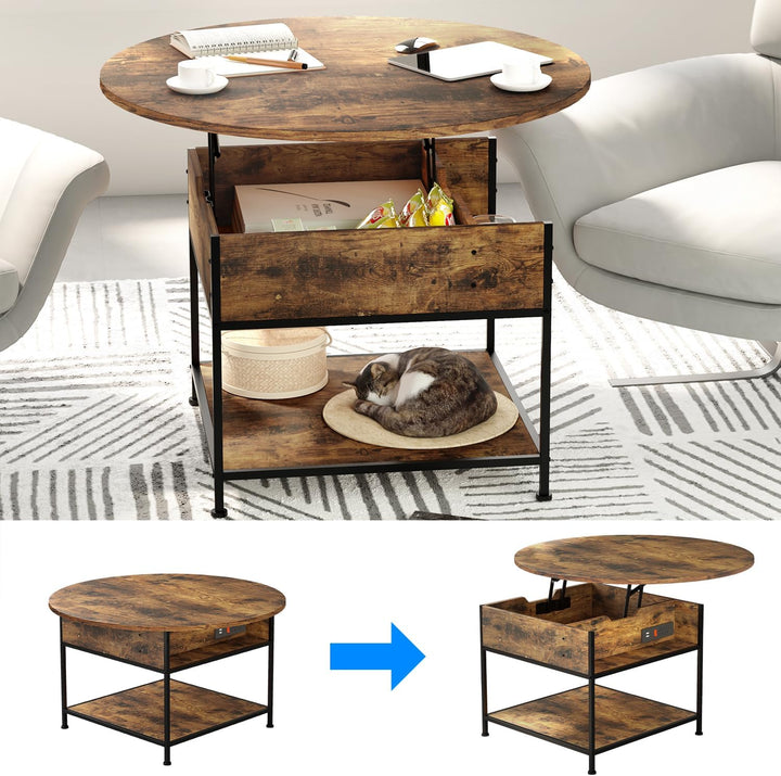 Modern Round Lift Top Coffee Table with Storage, Rustic Brown