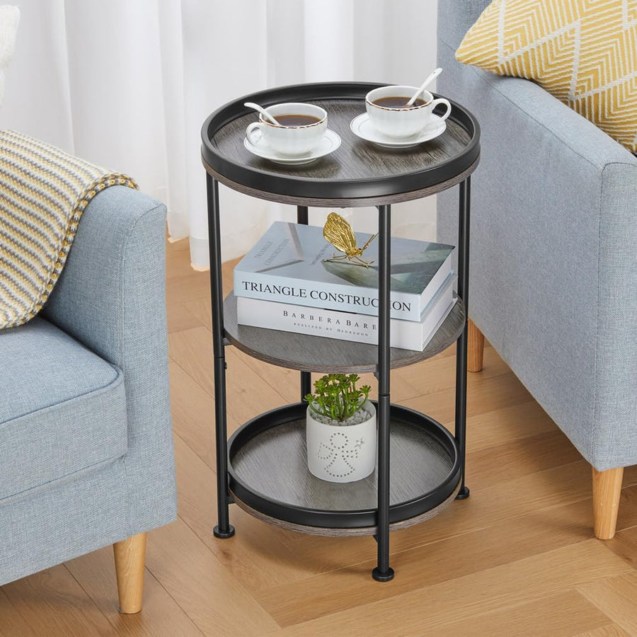 Side Table, 3 Shelves, Steel Frame, Grey