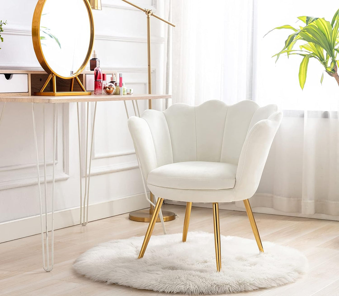 Small Accent Chair, Velvet Gold Cute Vanity Chair, Upholstered Shell Shaped Office Guest Modern Chair Arm Chair, Cream White