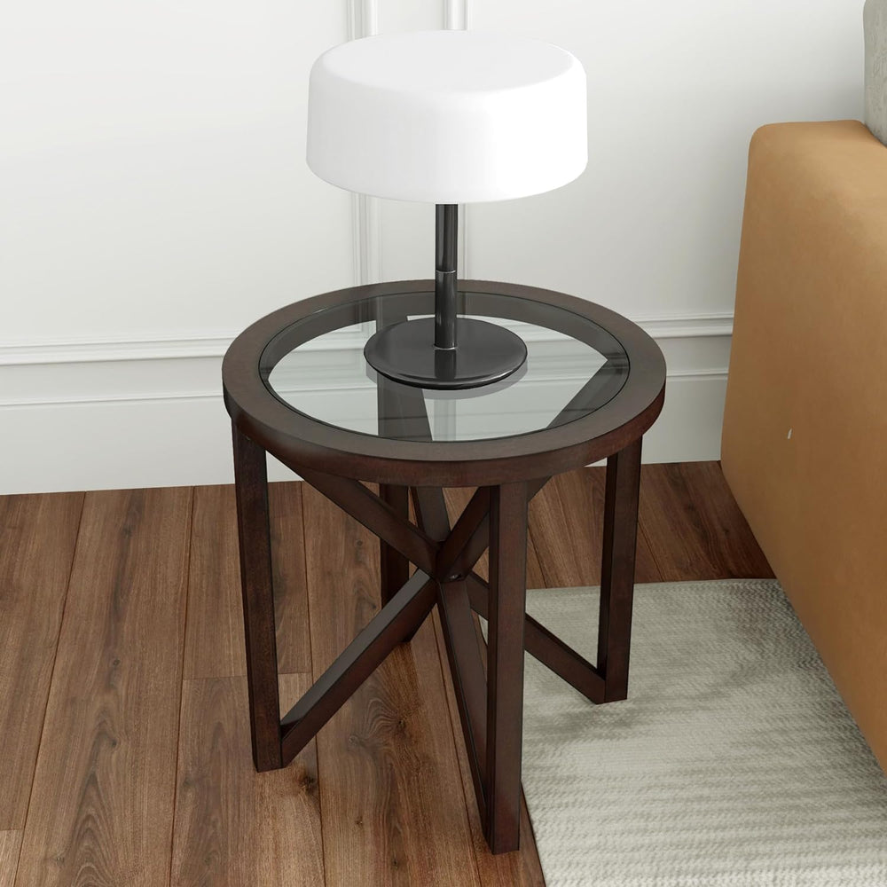 Elegant Mid-Century Round Glass End Table, Solid Wood, Cherry