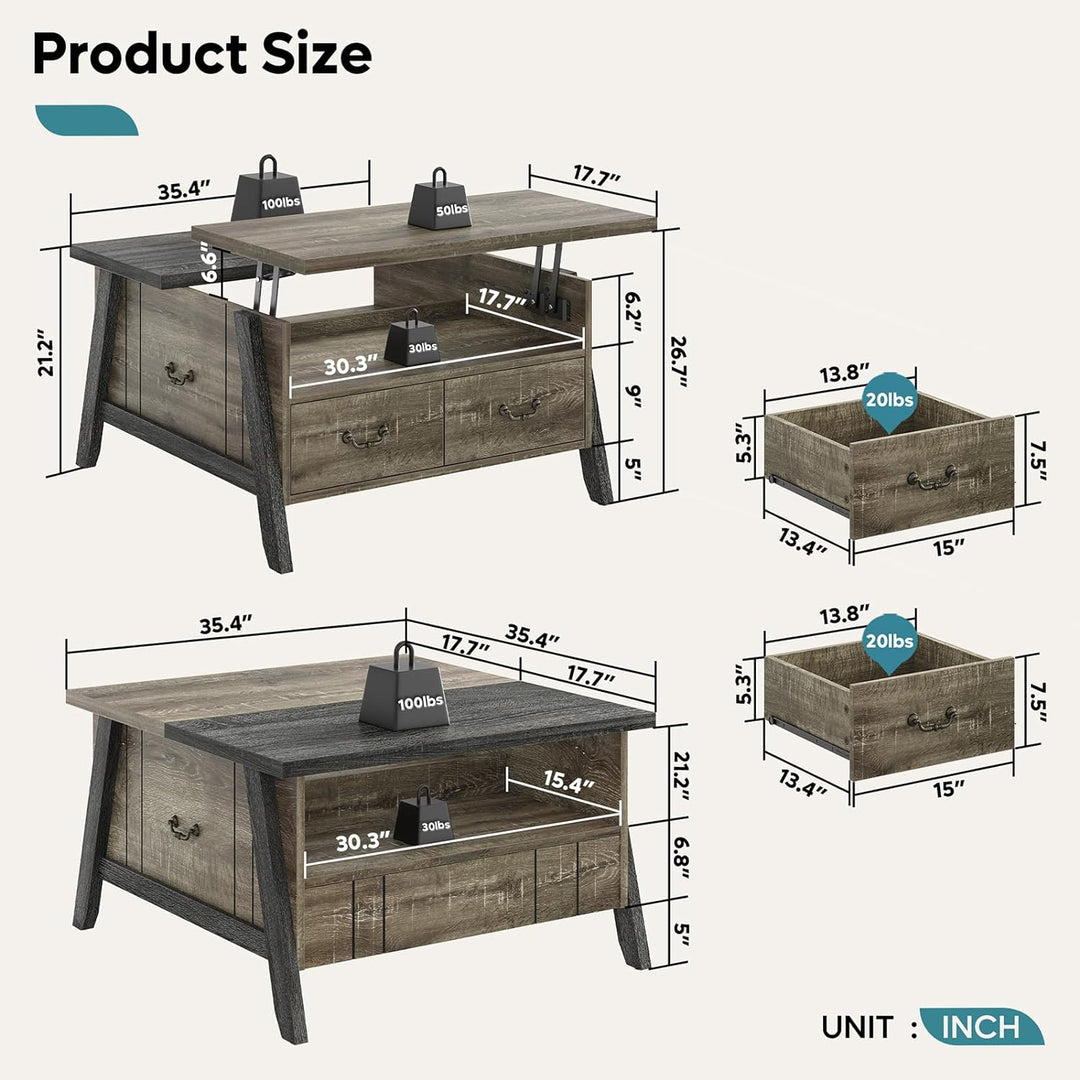 Bestier Lift Top Coffee Table w/ LED Lights, Storage, Dark Gray Oak