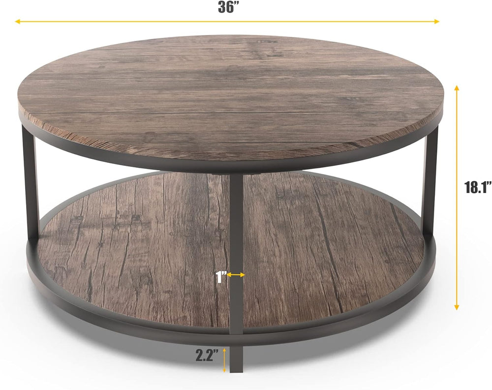 Round Coffee Table, 2-Tier Rustic Wood Desktop, Modern Design Accent Center Table (Walnut)