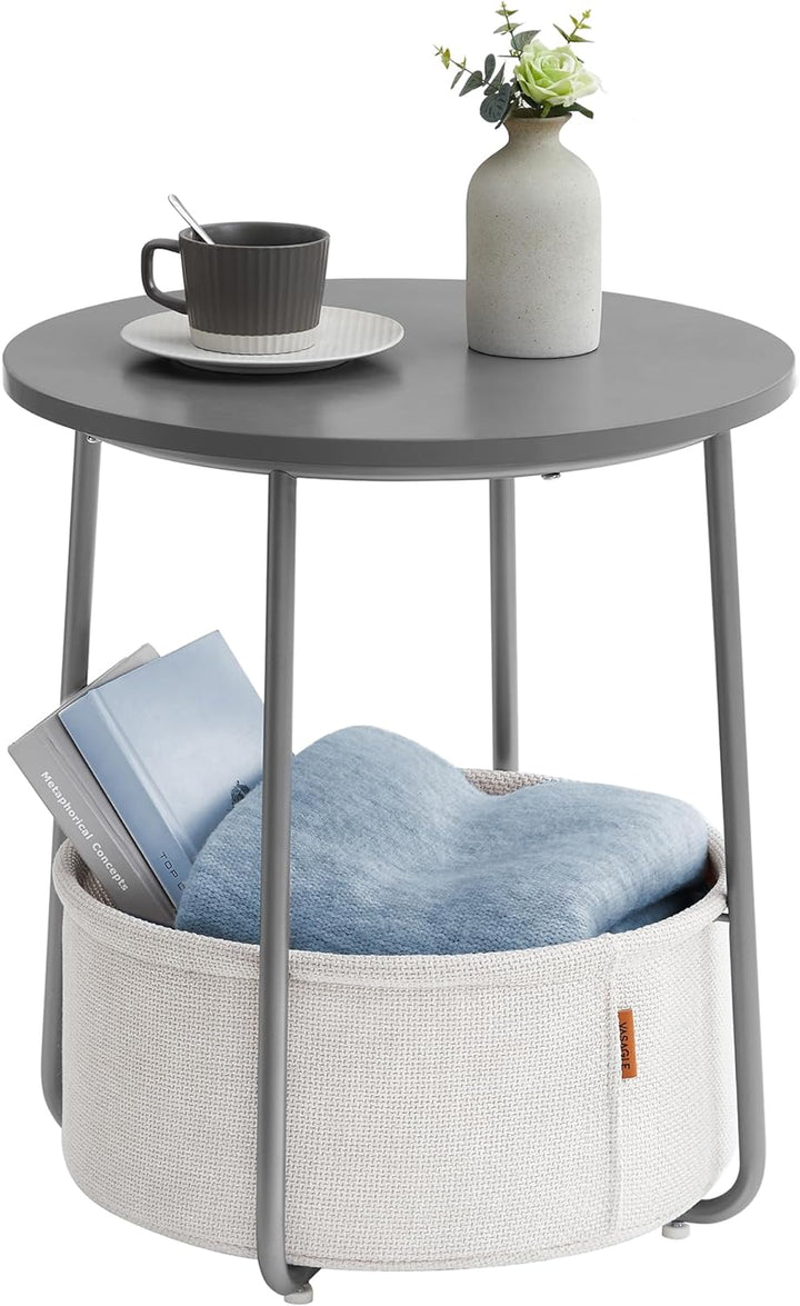 Small Round Side End Table, Fabric Basket, Dove Grey