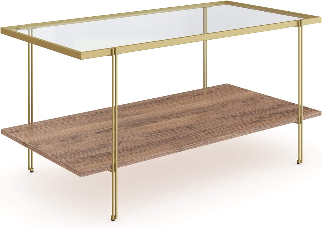 Nathan James Asher Mid-Century Coffee Table, Glass Top, Rustic Oak