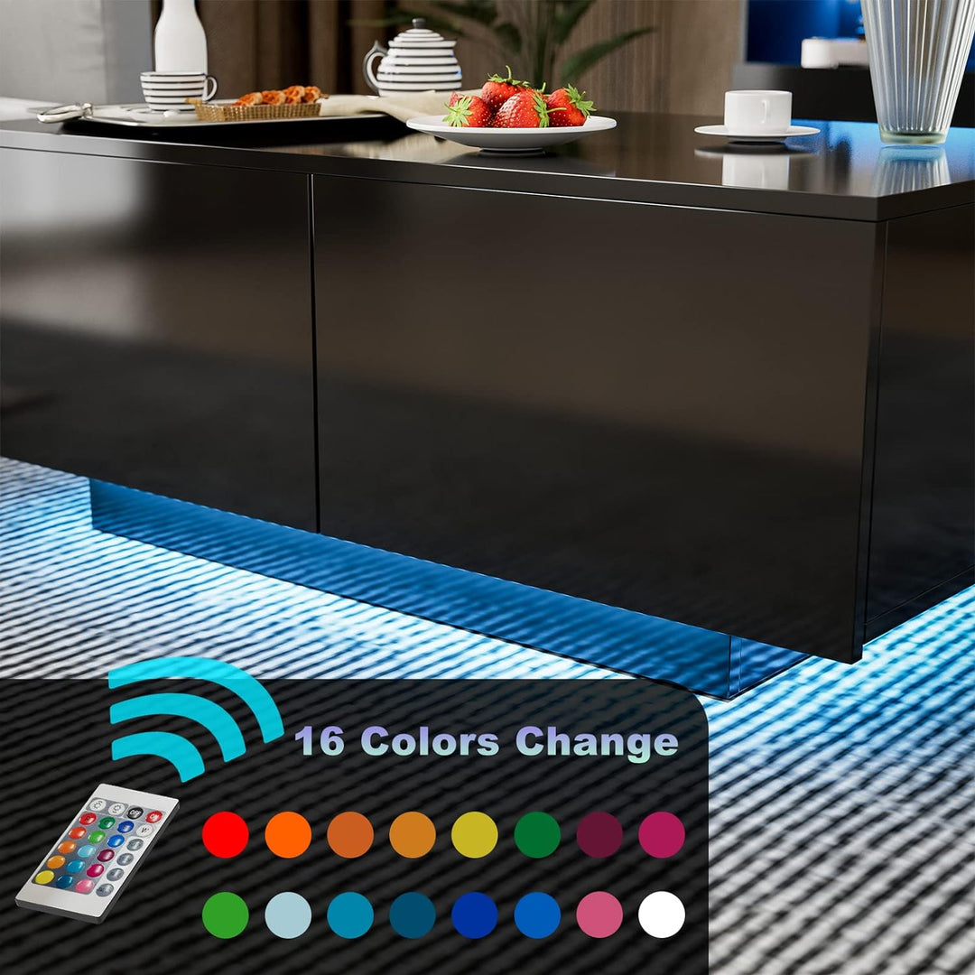 Modern LED Coffee Table with 4 Drawers, Black High Gloss