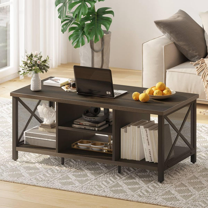 Rustic Coffee Table, Farmhouse Dark Wood Center Table, Walnut Brown