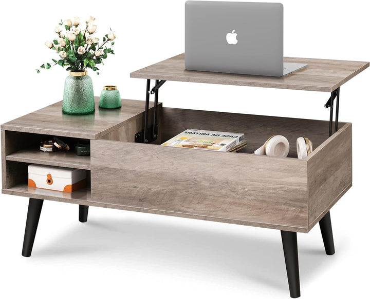 Lift Top Coffee Table with Hidden Storage, Adjustable Shelf, Greige