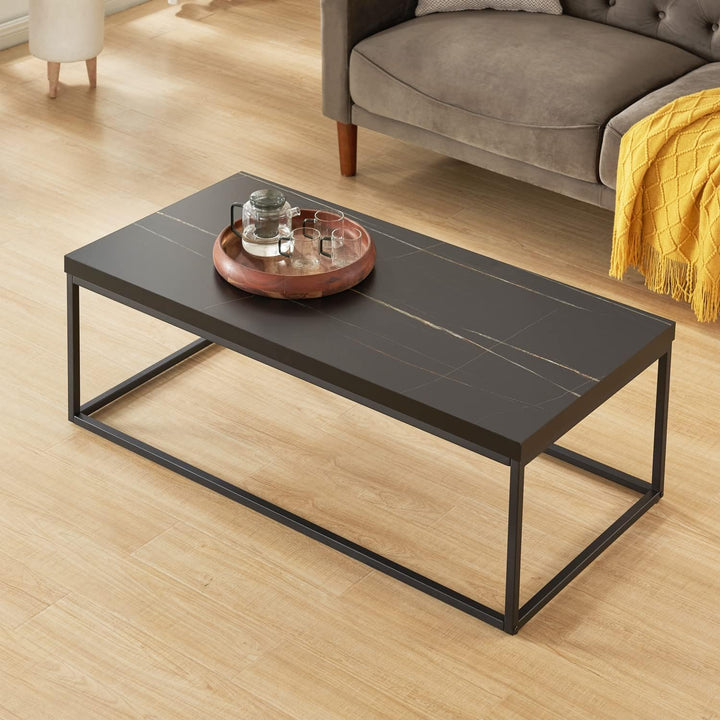 Marble Coffee Table, 47" Rectangle Modern Industrial Style, Black Marble