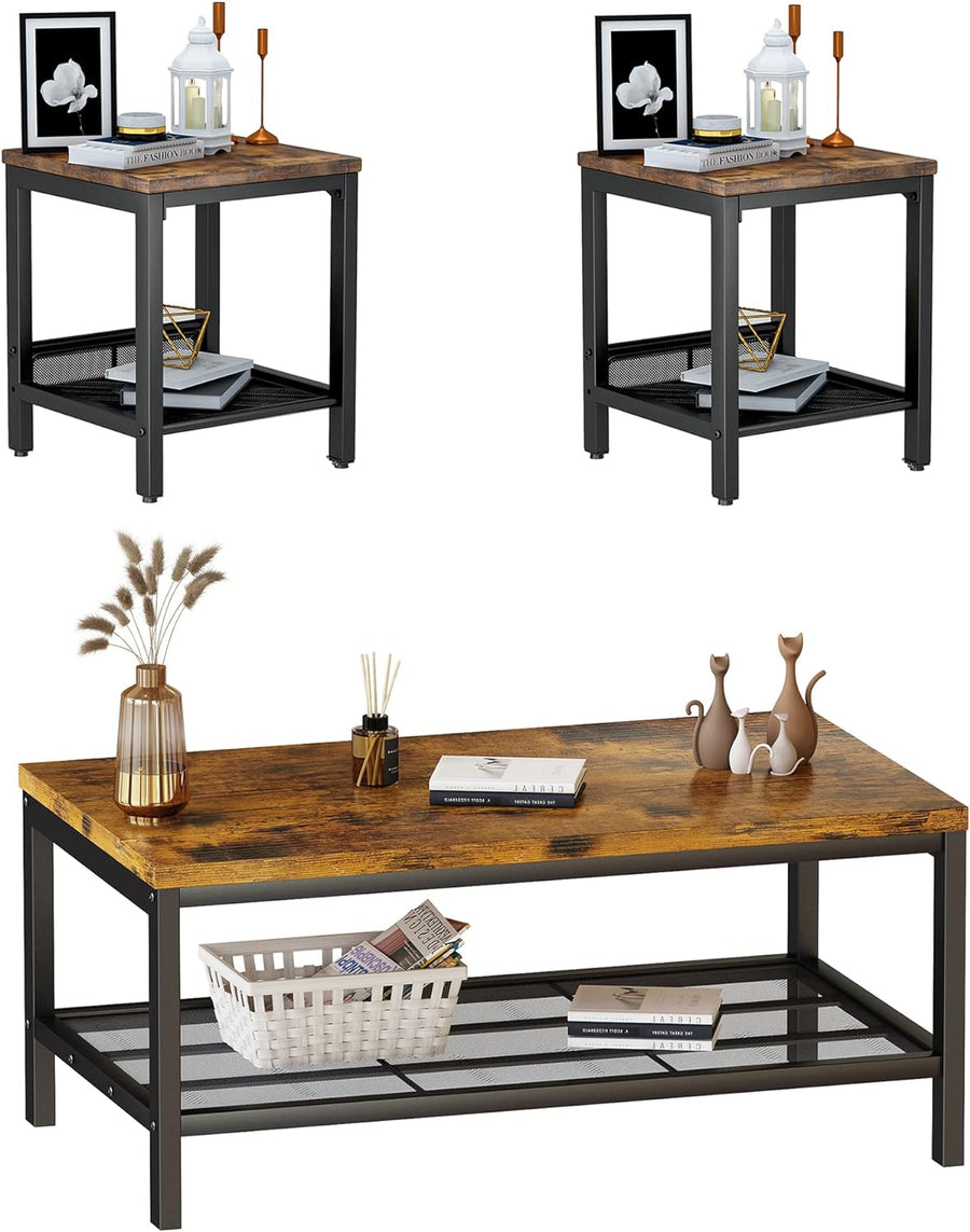 AWQM 3-Piece Coffee Table Set, Industrial Living Room Table, Rustic Brown