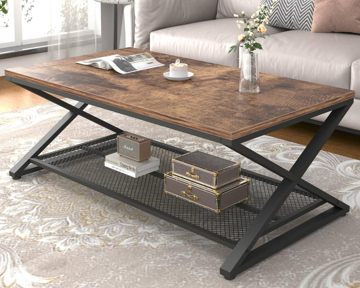 Rustic Coffee Table with Storage, Industrial 2-Tier Center Table, Rustic Brown