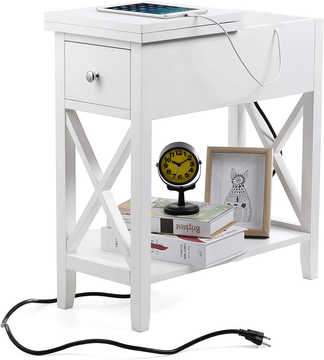 End Table with Charging Station, Narrow White