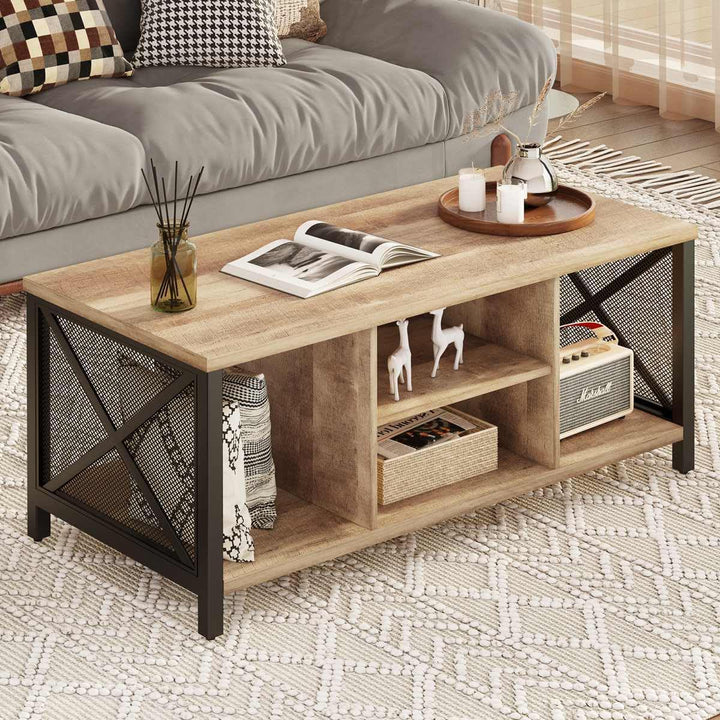 Coffee Table, Rustic Wood Center Table w/Shelves