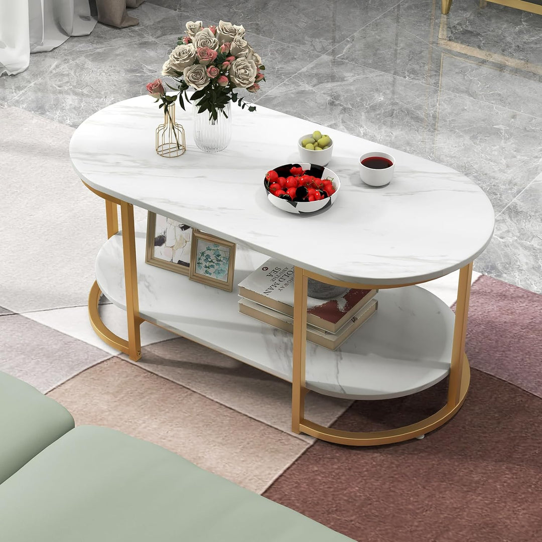 Modern Oval Coffee Table, Faux Marble White & Gold