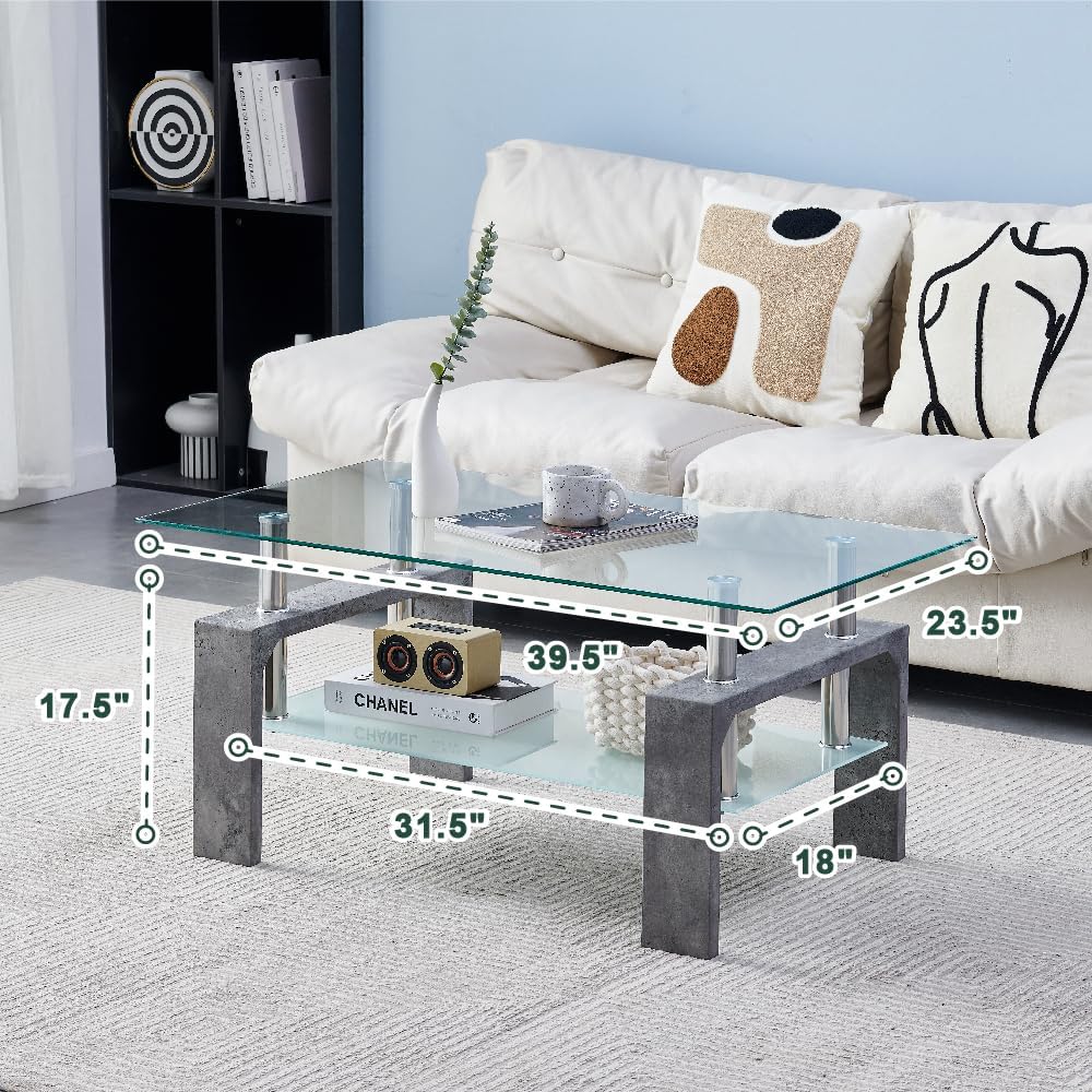 Elegant Rectangle Coffee Table, Wooden Legs, Glass Tabletop, Grey Marble