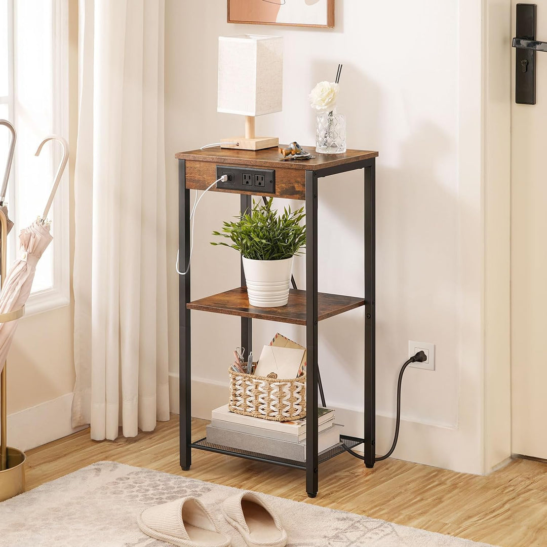 Tall End Table w/ Charging Station, 3-Tier, Rustic Brown