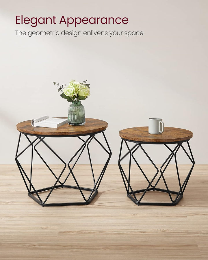 Rustic Round Coffee Table Set, Steel Frame Side End Tables