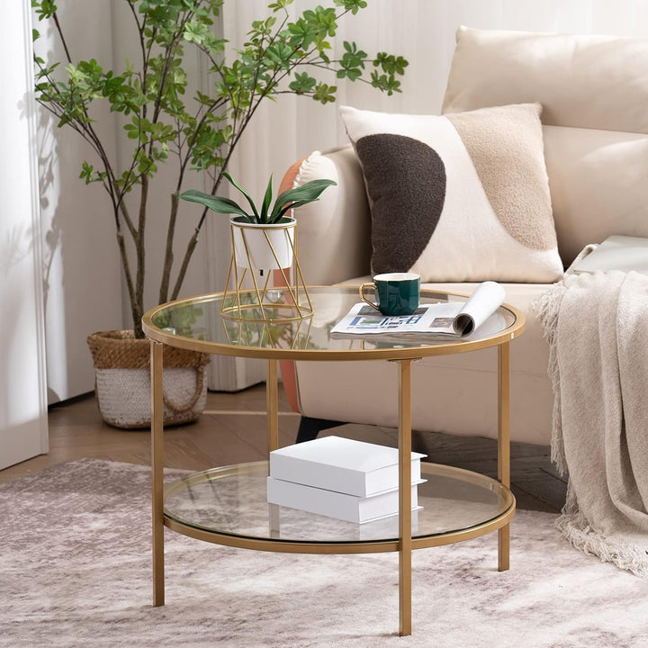 Elegant 2-Tier Glass Top Coffee Table, Gold Finish