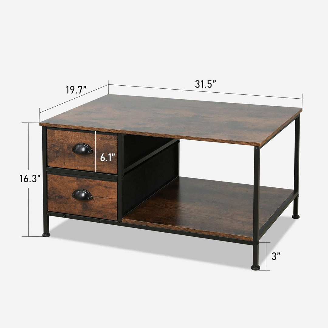 Coffee Table with Storage Drawers, 2-Tier Wood End Table, Brown