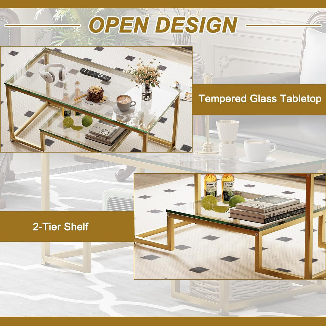 Gold Glass 2 Tier Rectangle Coffee Table