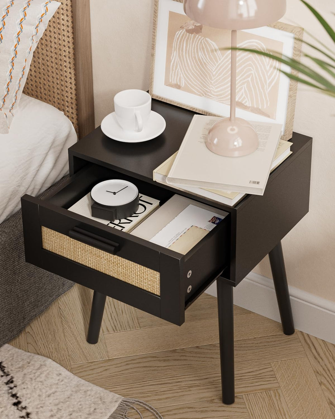 Wooden Nightstands with Rattan Weaving Drawer