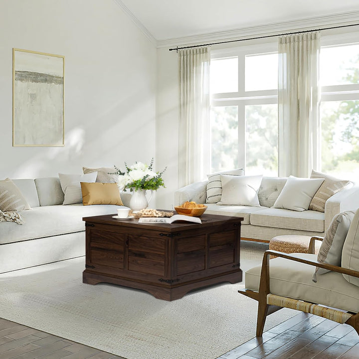 Farmhouse Coffee Table with Hinged Lift Top, Rustic Wood Table, Walnut