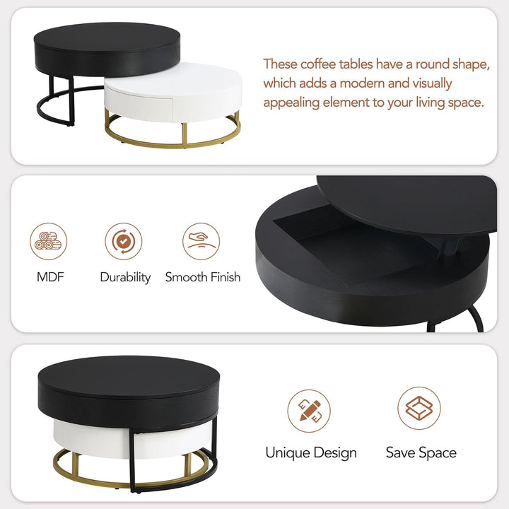 LUMISOL Lift Top Coffee Table Set, Nesting Round Tables, Hidden Storage, Whiteblack