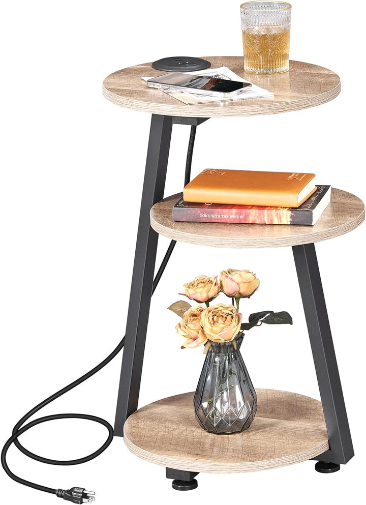 Round End Table w/ Charging Station, 3-Tier Shelves