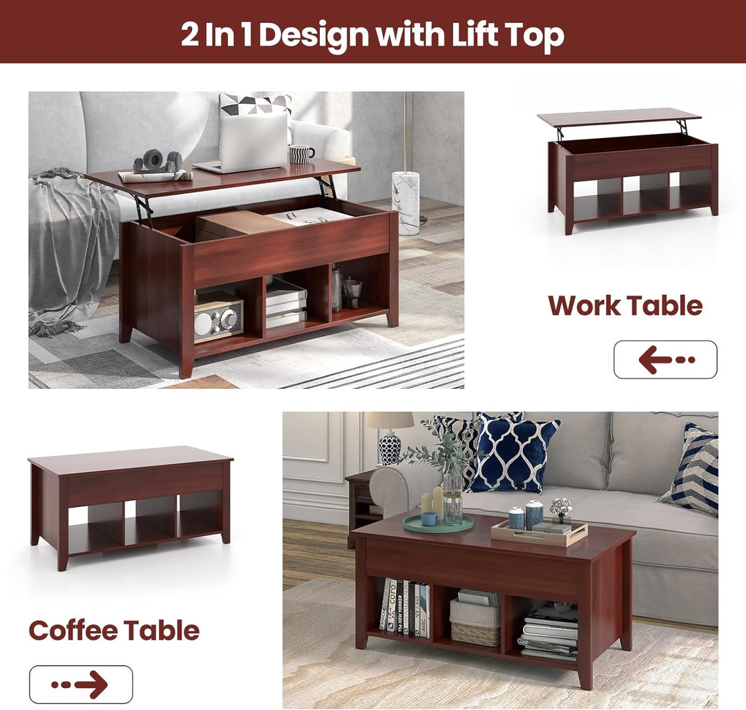 Lift Top Coffee Table with Hidden Compartment, 3 Shelves, Brown