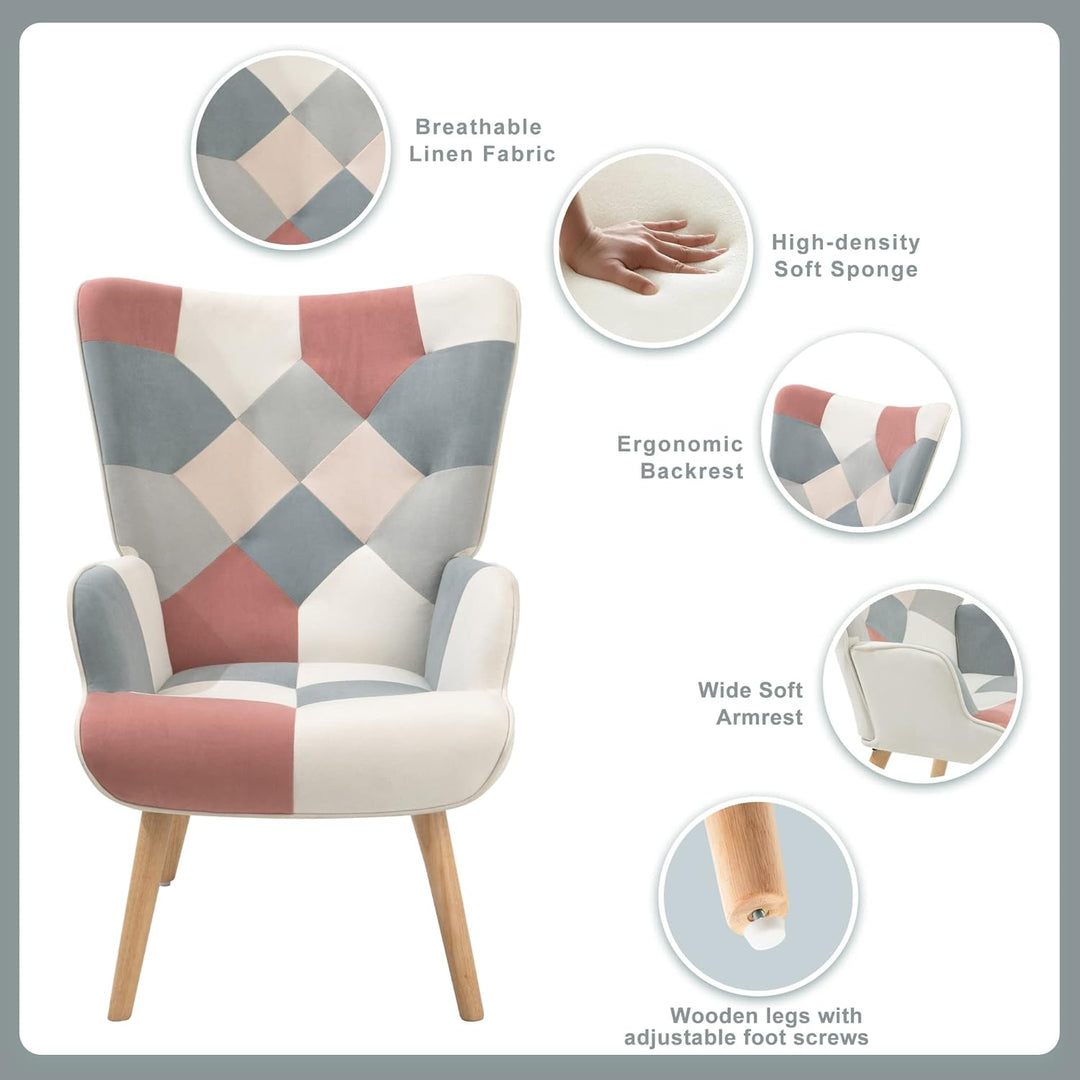 Patchwork Accent Chair with Ottoman Set Pink