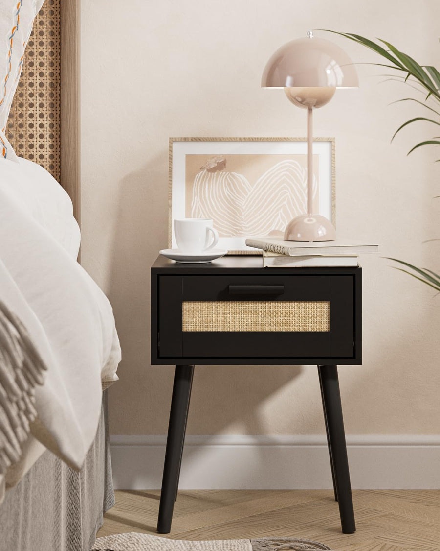 Wooden Nightstands with Rattan Weaving Drawer