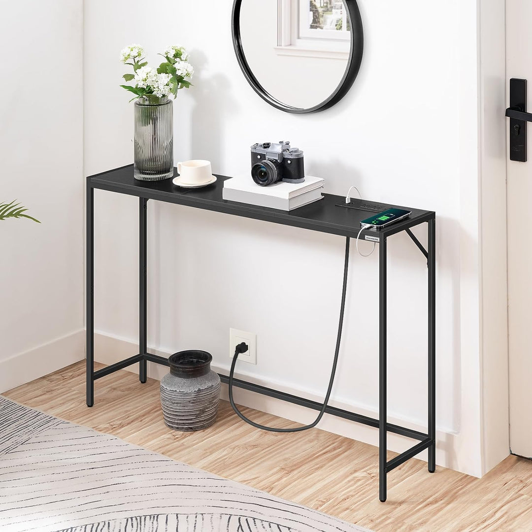 Console Table, Narrow Sofa Table, 43.3 Entrance Table with Power Station, Black CTHB112E01