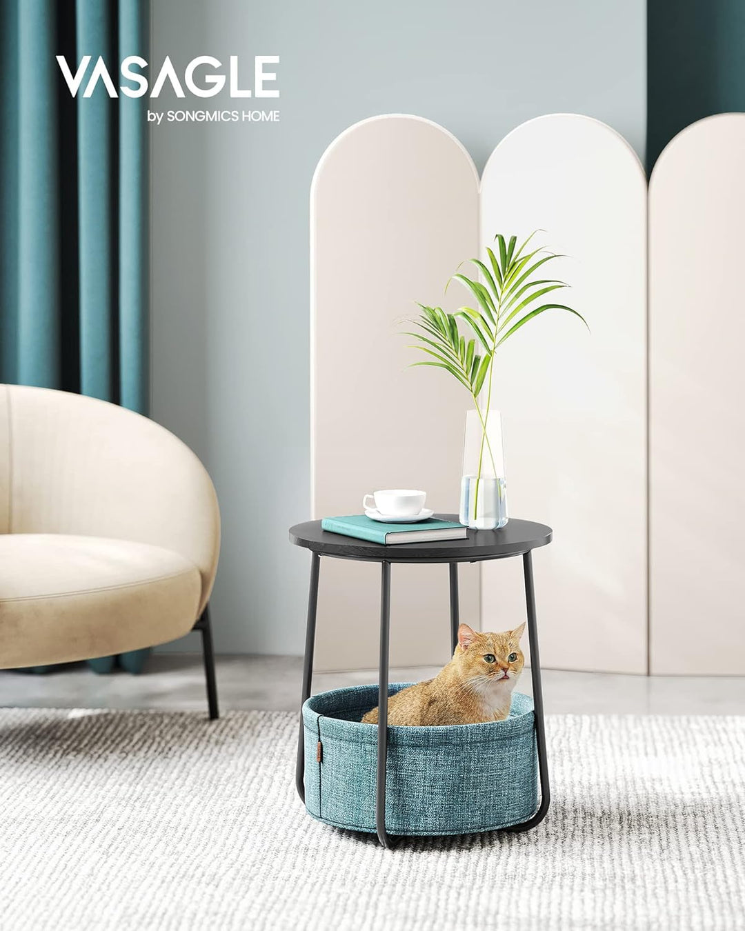 Small Round Side End Table, Classic Black & Dark Turquoise