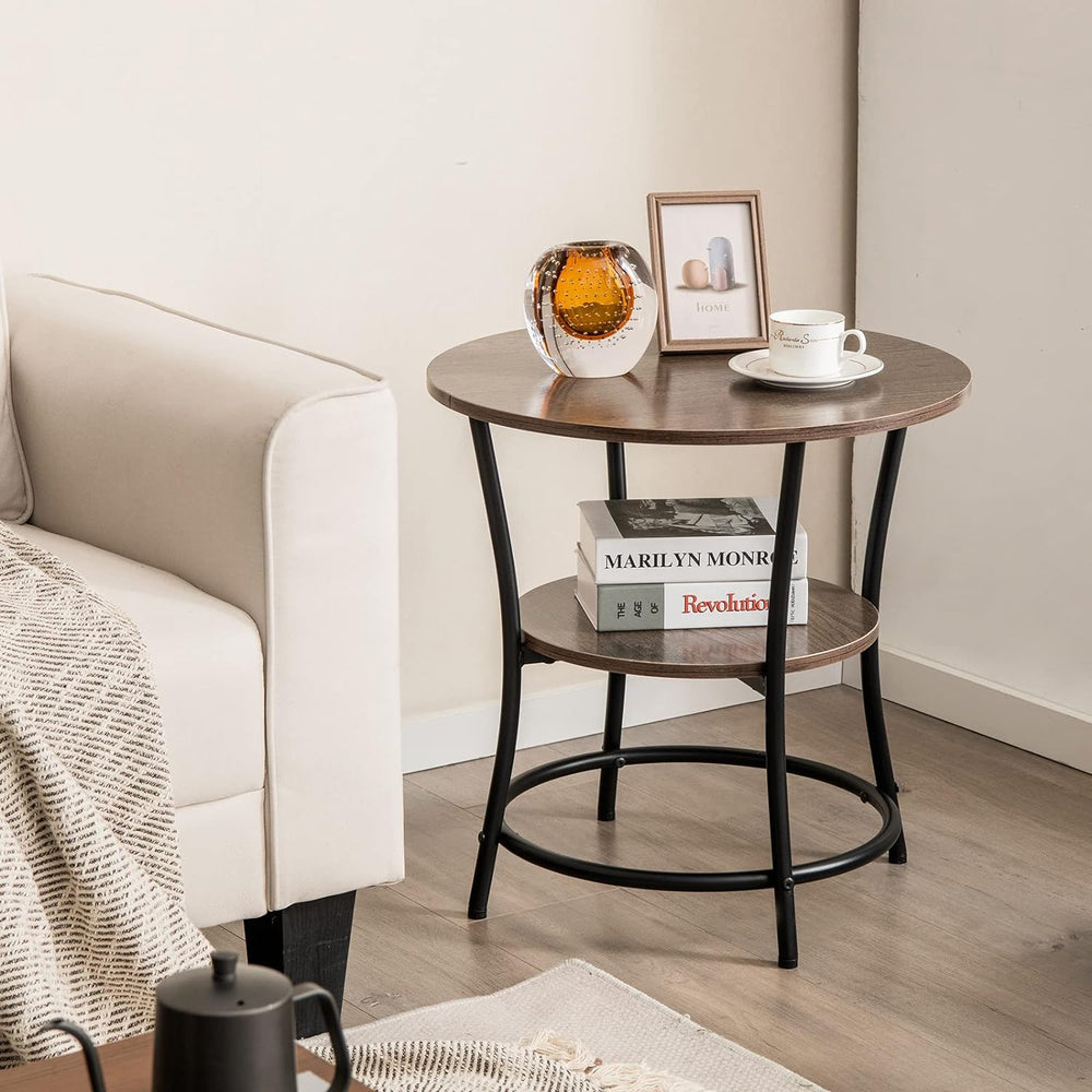 Round End Table, Industrial Side Table with 2 Storage Shelves & Sturdy Metal Frame