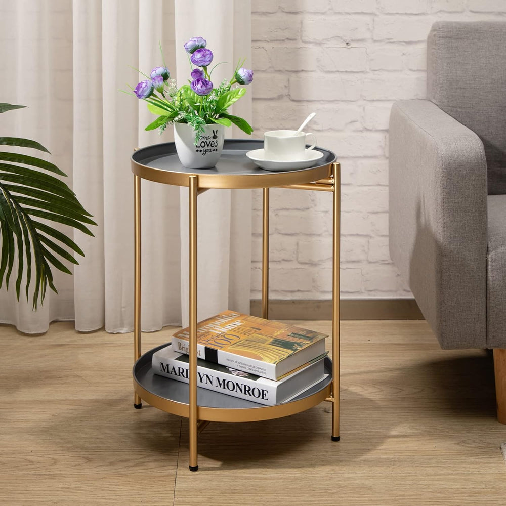 2-Tier Round Metal End Table, Gold&Grey, 15.75"x20.47