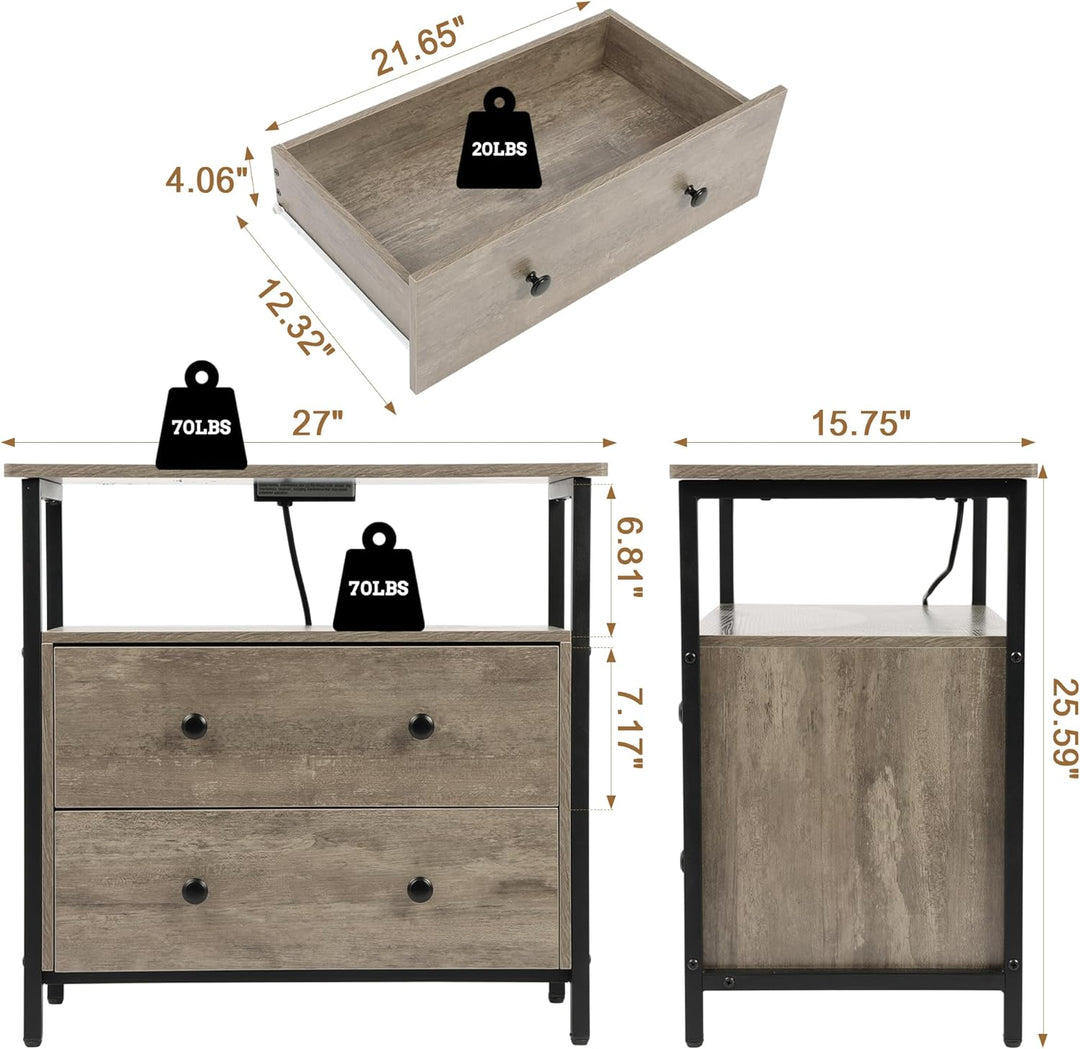 27" Nightstand w/ Charging Station, 2 Drawers, Open Shelf