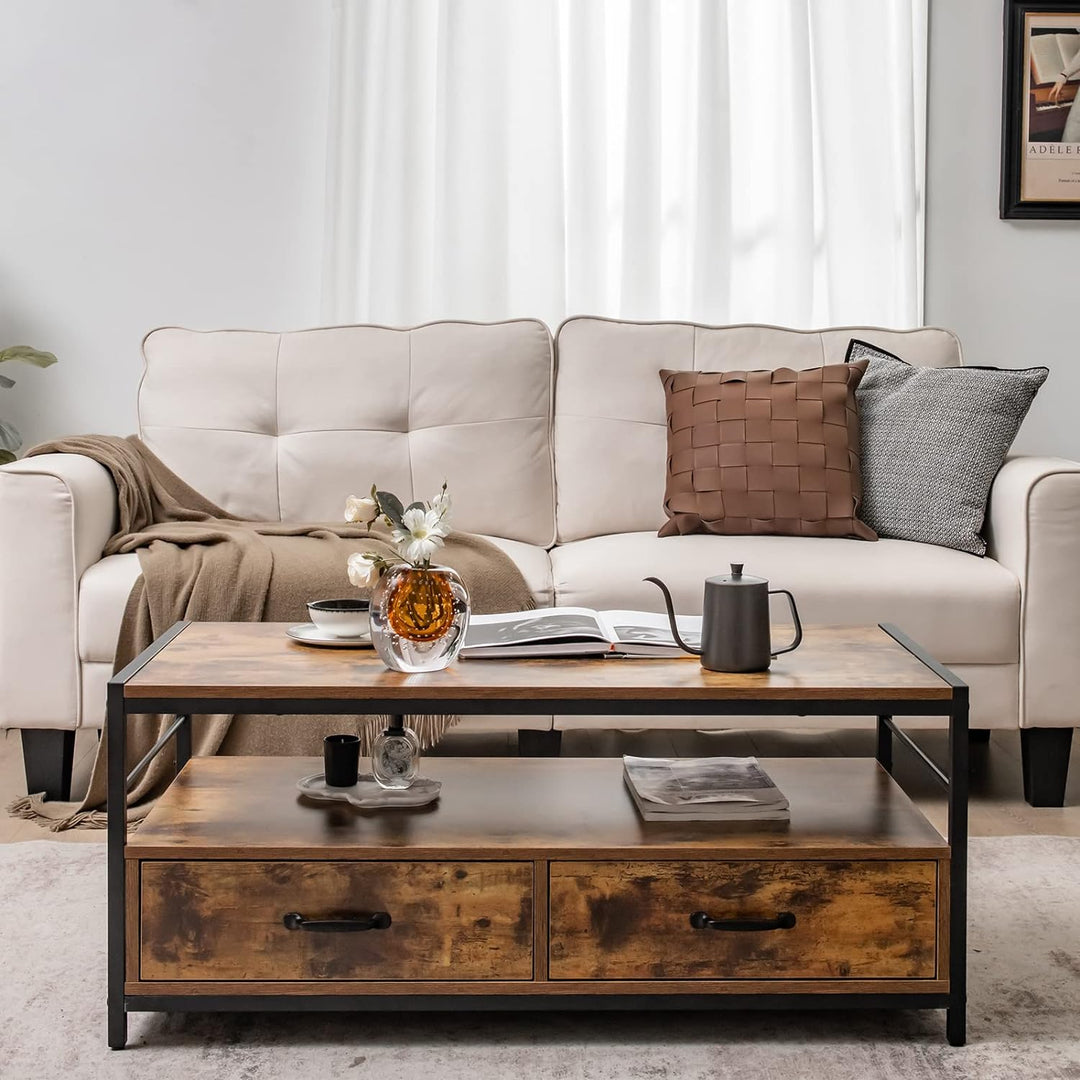 Tangkula Industrial Rectangular Coffee Table, Wooden Accent Console Table, Rustic Brown